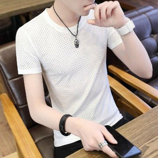 Ice Silk Mesh Quick-drying T-shirt Short-sleeved Men's Summer Hollow Mesh Breathable Sports Thin Large Size Top