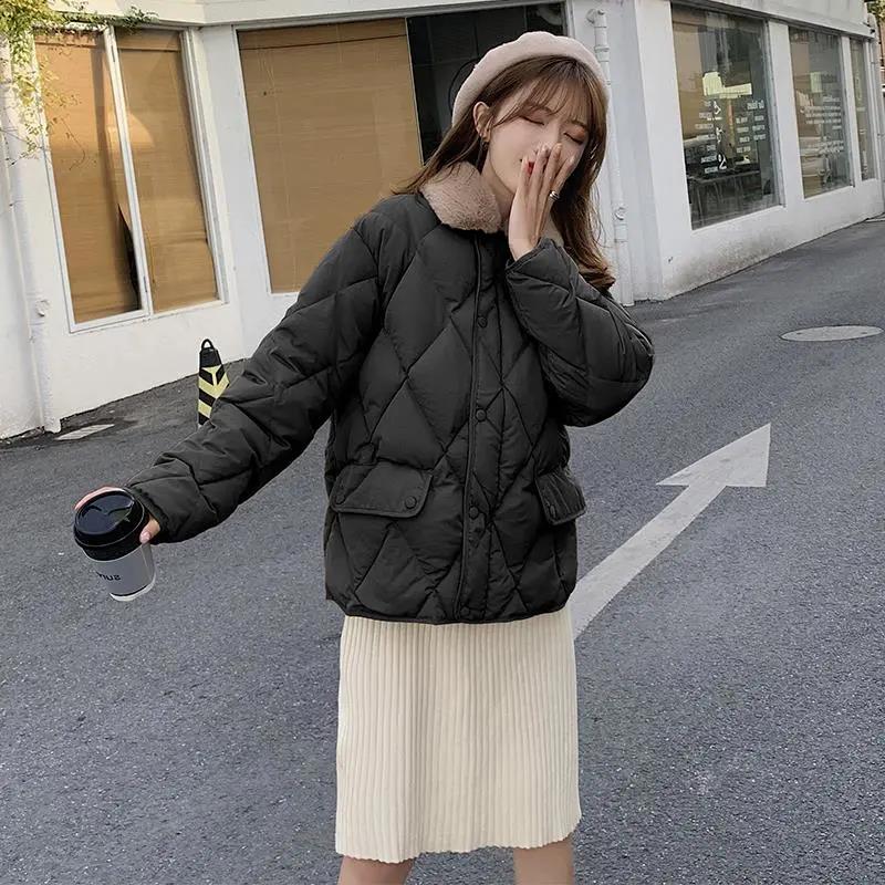 Winter Down Coat Korean Fashion Short Rhombic Cotton Coat Short Lapel Fur Collar Slim Down Jacket