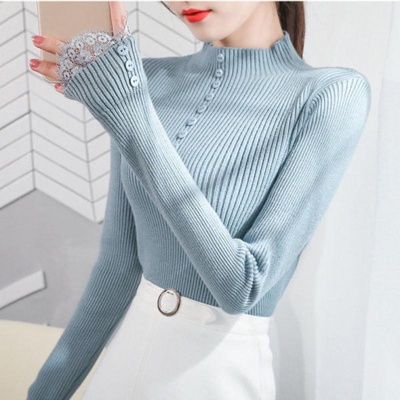 Slim All-match Knit Sweater Bottoming Top Half High Collar Lace Sleeve Button Sweater Women's Inner Wear Autumn and Winter