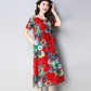 XL-XXXXXL Plus Size Women Summerfolk Style RetroMid-length Printed Over-the-knee Dress Short Sleeve Mom A-line Skirt