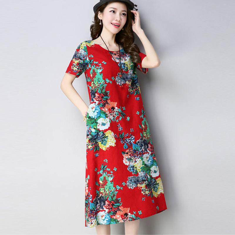 XL-XXXXXL Plus Size Women Summerfolk Style RetroMid-length Printed Over-the-knee Dress Short Sleeve Mom A-line Skirt