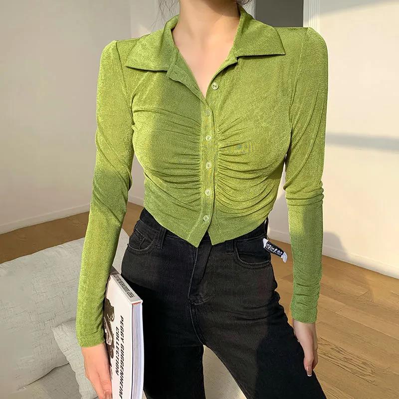 Polo Collar Long-sleeved Shirt Women's Spring and Autumn Slim Solid Color Top