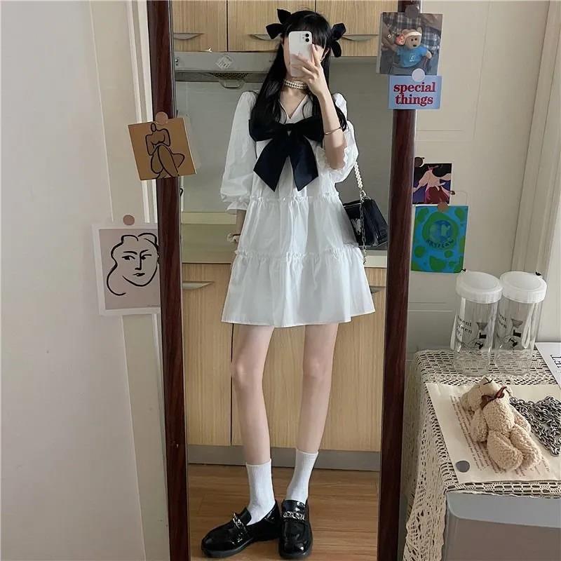 Girl Student Knee-length Solid Color Dress Sailor Collar Navy Dress Sweet Bow-knot