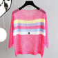 Women's Spring Summer Loose Thin Pullover Sweater Female Chic Contrast Color Striped Hollow Knitted Sunscreen Blouse Tops