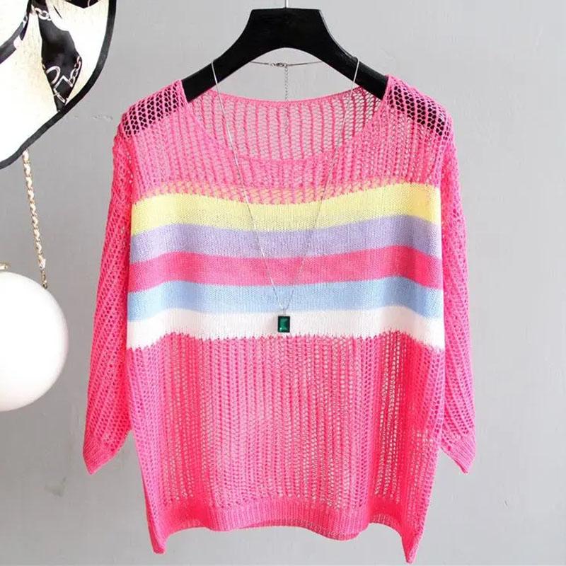 Women's Spring Summer Loose Thin Pullover Sweater Female Chic Contrast Color Striped Hollow Knitted Sunscreen Blouse Tops