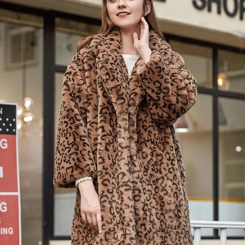 Leopard Print Fur Coat Winter Ladies Vintage Fashion Loose Large Size V-neck Thick Warm Mid-length Fur Coat