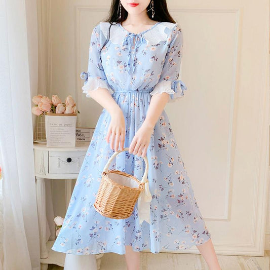 Large Size Dress Summer Mid-length Sweet and Lovely Floral Chiffon Dress Female Temperament Elegant Waist Slimming Slim Chiffon Dress