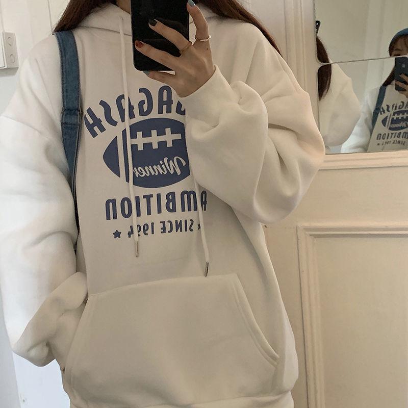 Autumn and Winter Women's Hooded Hoodie Korean Loose Large Size Plus Velvet Thick Letter Coat