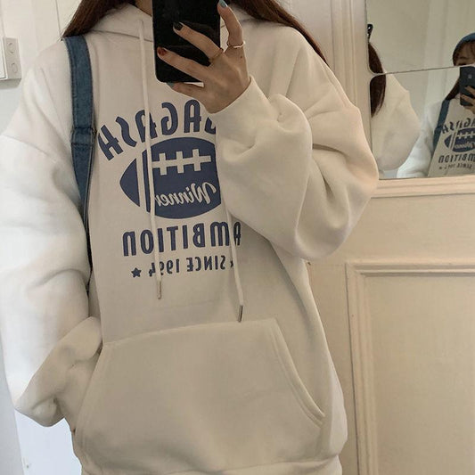Autumn and Winter Women's Hooded Hoodie Korean Loose Large Size Plus Velvet Thick Letter Coat