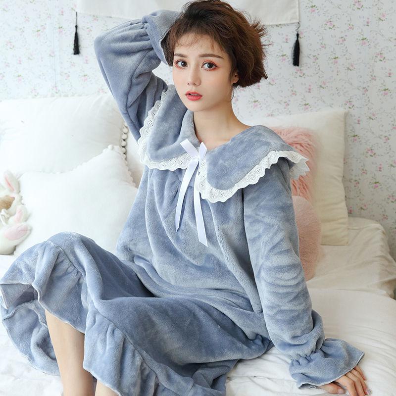 Flannel Nightdress Women Thick Coral Fleece Pajamas Women Long Sleeves Sweet and Cute Princess Style Large Size Loose Home Service