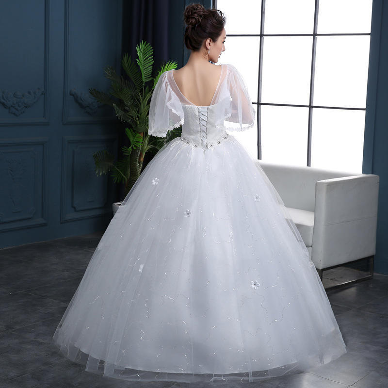 Wedding dress spring and summer sleeve lace bride simple word shoulder