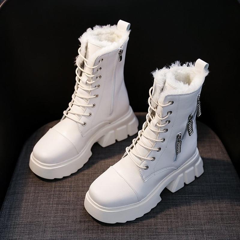 Women Winter Shoes Ankle Boots Leather Warm Plush Snow Boots Female Shoes Woman Chunky Platform Booties White Black