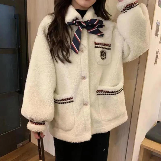 Plus Velvet Thick Cardigan Imitation Lamb Velvet Jacket Women Autumn and Winter Loose Mid-length All-match Blouse Warm Jacket