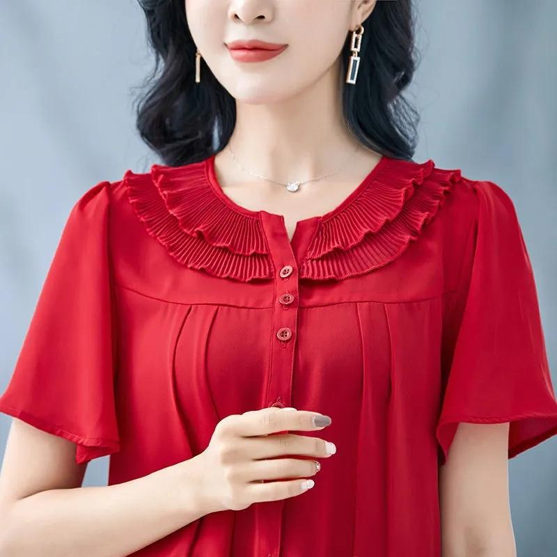 Large Size Short-sleeved Top Women's Round Neck Fungus Edge Collar Loose Thin Shirt Solid Color Chiffon Shirts Button Up Casual All Match Blouses Top