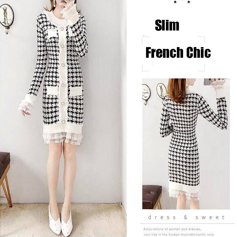Vintage  Knitted Dress Female Autumn Winter Slim Houndstooth Sweater Dress Lace Stitching Pullover Sweater Dress