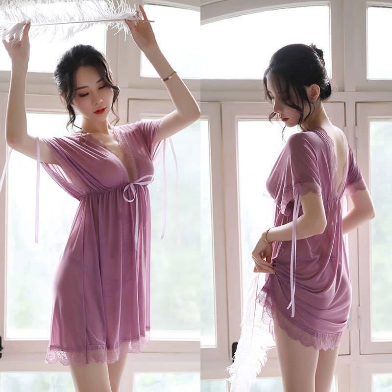 Plus Size Women's Sexy Mesh Nightdress Summer Transparent See-through Lace Suspenders Short-sleeves Two-wear Sexy Nightdress