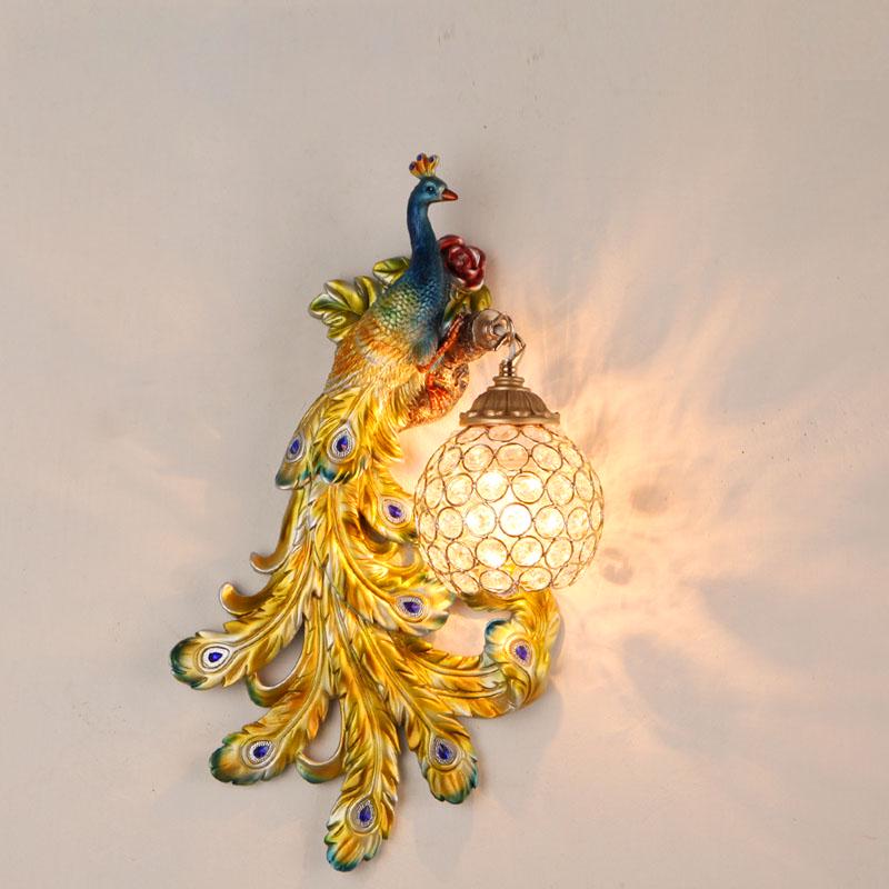 Retro peacock crystal LED wall lamp living room background bedroom bedside peacock phoenix wall lamp