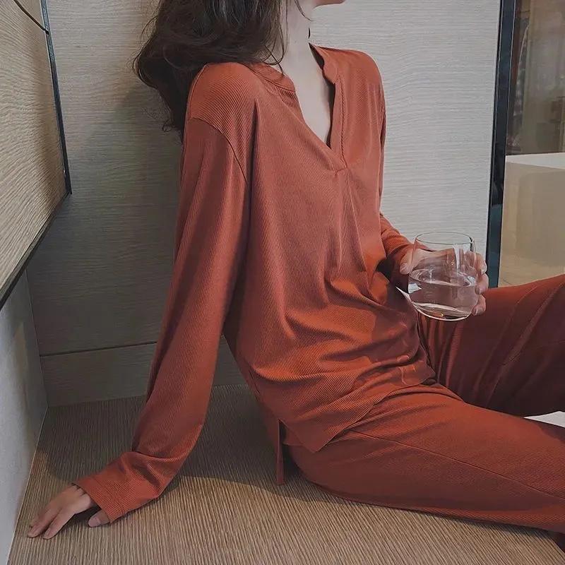 Women's Long Sleeves Pajamas Set Sexy Stripes Kiss-skin V-neck Thin Modal Cotton Elastic Pajama Set Outer Wear Solid Color Home Wear
