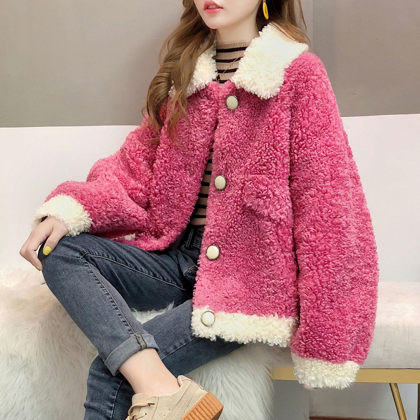 Short fur coat lamb wool loose coat autumn and winter sheep shearing coat women fur