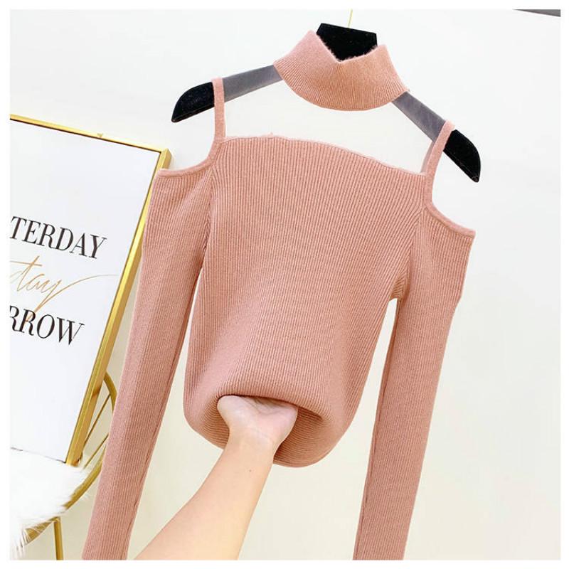 Pofulove Women Off-the-shoulder Half Turtleneck Shirt Mesh Stitched Sexy Knitwear Elastic Jumper