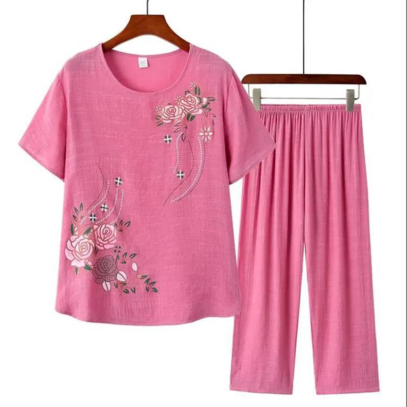 WTEMPO Middle-aged Women's Plus Size 2pcs Suit  Spring and Summer Short Sleeve Loose Casual Two-piece Set