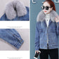 Short Denim Cotton Jacket Female Winter Korean Fashion Loose Plus Velvet Cotton Coat Large Fur Collar Padded Jacket