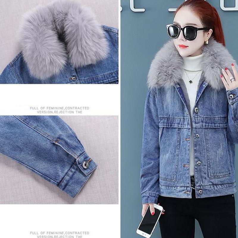 Short Denim Cotton Jacket Female Winter Korean Fashion Loose Plus Velvet Cotton Coat Large Fur Collar Padded Jacket
