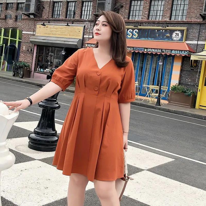 Solid Color Large Size L-XXXXXL Women's Summer Dress Short Sleeve V-Neck Above Knee