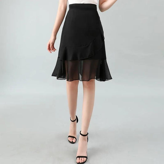 Woman Skirts Female Chiffon Mermaid Skirt Summer Casual Thin A-line Skirts High Waist All-match Loose Black Skirt