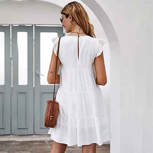 European and American Summer Solid Color Round Neck Short-sleeved Dress Casual Cake Skirt Pleated Swing Skirt