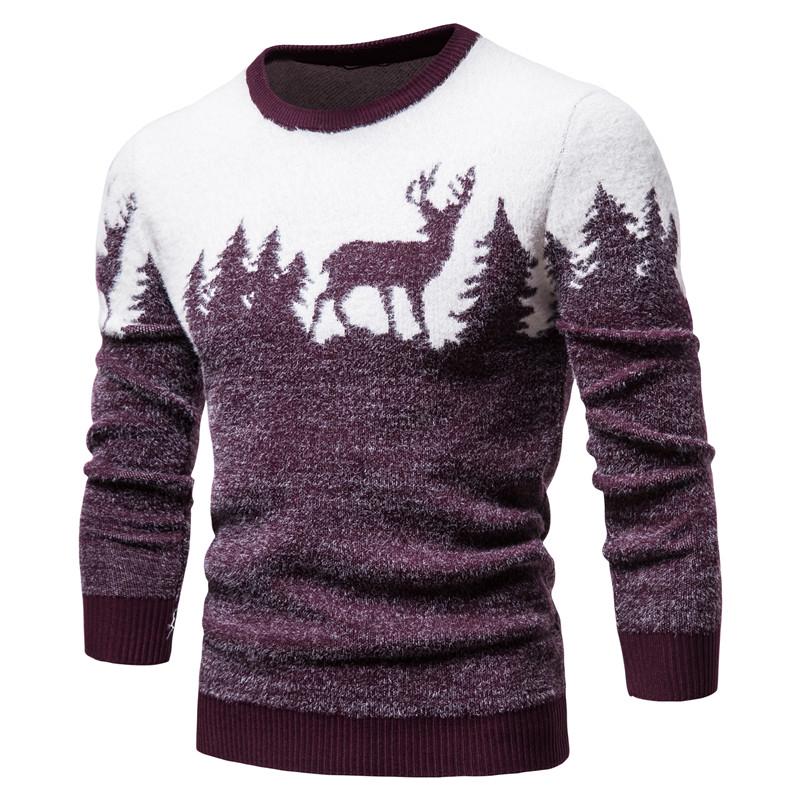 Slim Winter Christmas MensFashion Sweater Christmas Tree Deer Print Sweaters Casual O-neck Male Pullovers Sweaters Pull