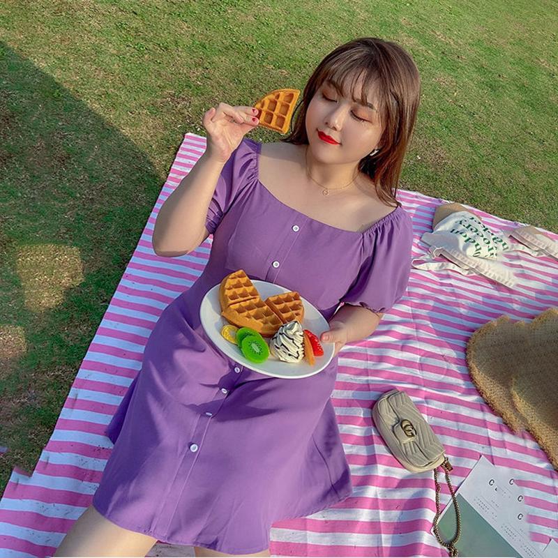 Super Loose Dress Women's Rectangular Neckline Bubble Short-sleeved Mid-length Waist Slimming Loose Version Dress Women's Loose Casual Sweet Dress