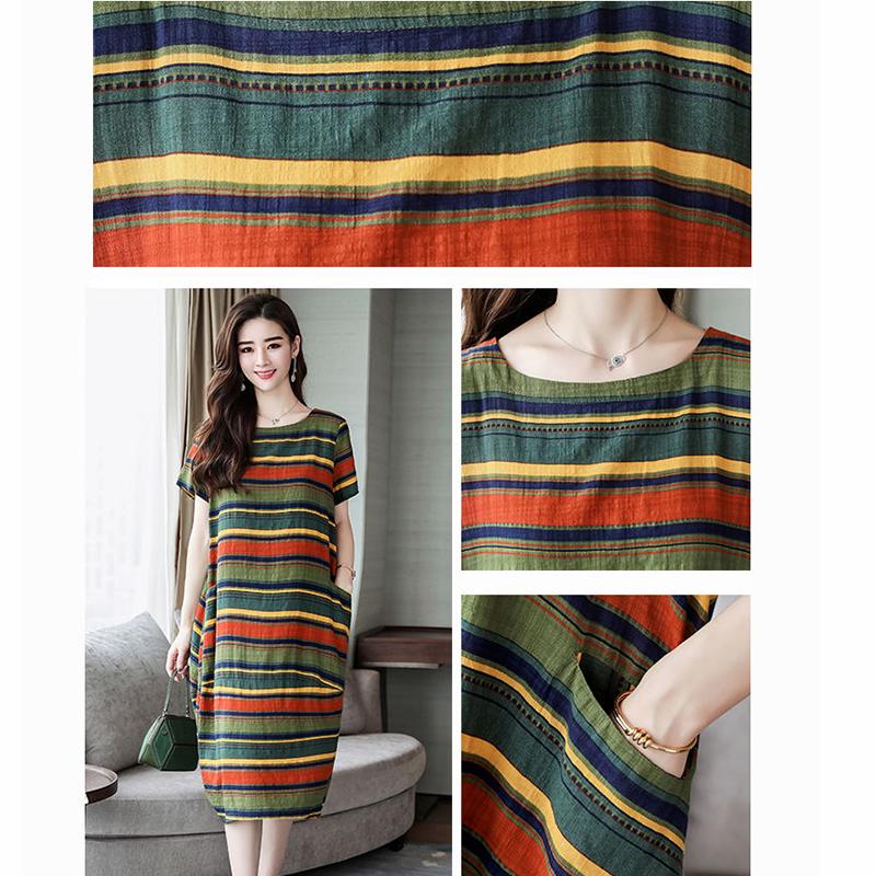 M-XXL Cotton Short-sleeved Summer Mid-calf Pattern Striped Decoration Pockets Dress