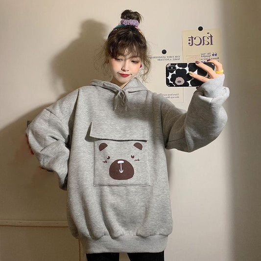 Autumn and Winter Thickened Student Jacket Women's Loose Hooded Big Pocket Blouse Mid-length Sweater