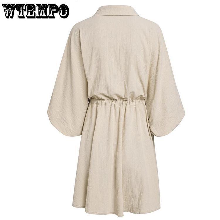 Solid Womens Mini Dress Long Sleeve Pocket Loose Dresses Ladies Autumn Casual Retro Vestidos