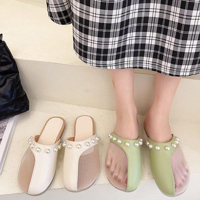 Summer Net Yarn Breathable Baotou Pedal Slippers Fairy Style Wild Stitching Sandals and Slippers Women