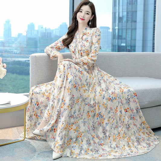 Jacquard V-neck Long-sleeved Dress Spring and Autumn Style Temperament Waist Slimming Slim Bow Long Dress Women's Fabric Light and Breathable