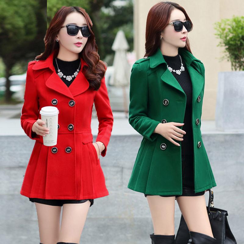 Winter Woolen Coat Women Double Breasted Overcoat Turn-down Collar Slim Outerwear Female Trench Coat