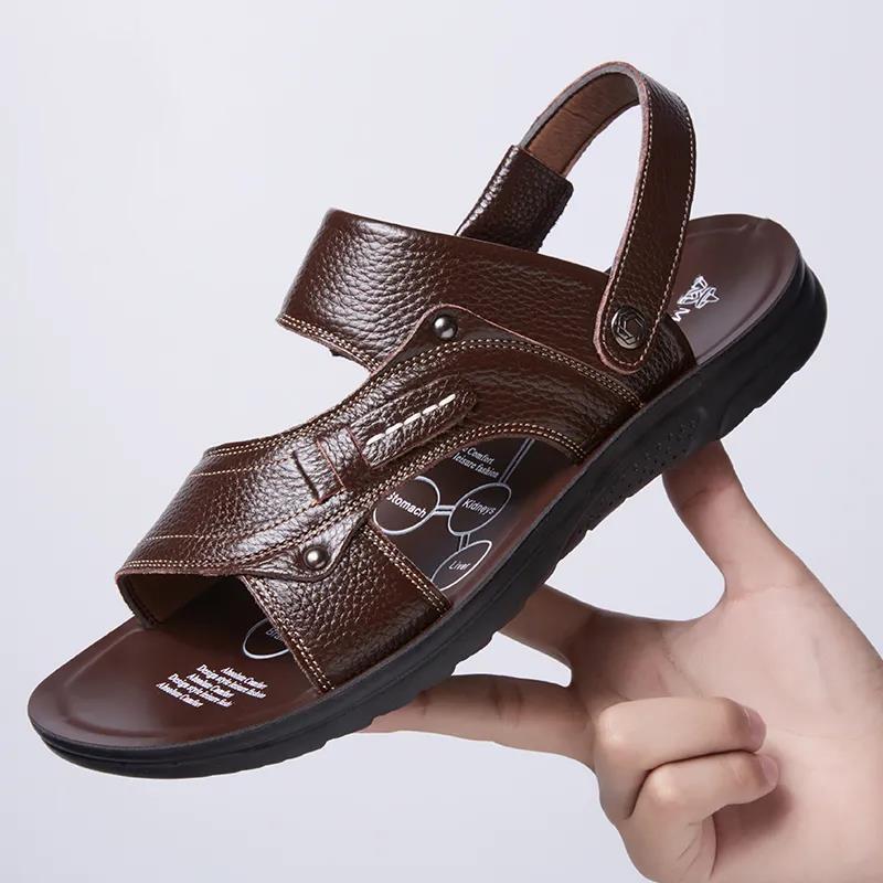Men's Top Layer Leather Sandals Leather Summer Breathable Sandals Non-slip Men's Beach Shoes