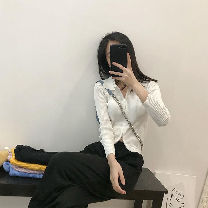 Polo Collar Knitted Cardigan Women's Thin Slim Slimming Short Double-headed Zipper Long-sleeved Top