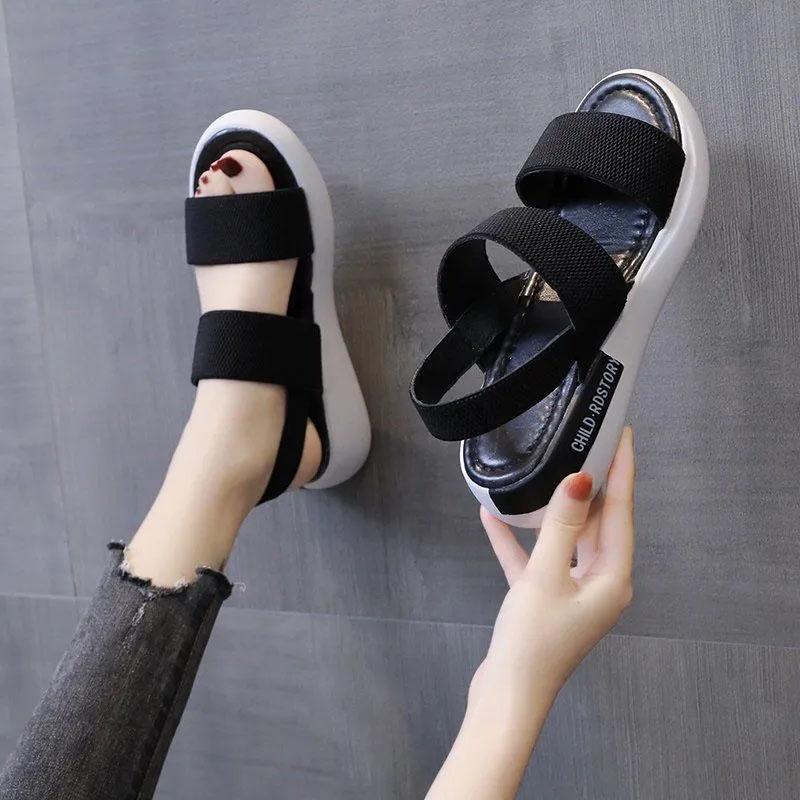 Women's Summer Sandals Soft Bottom Elastic Band Korean All-match Sports Shoes Non-slip Comfortable Sandals Casual Beach Sandals Leisure Solid Color