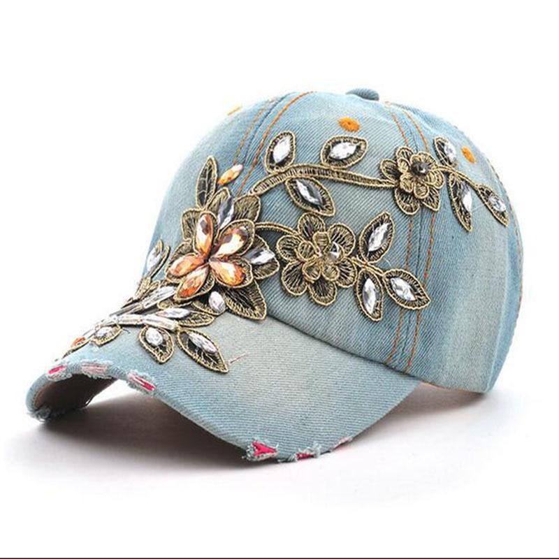 Spring New Shiny Fashion Women Diamond Flower Baseball Cap Lady Rhinestone Jean Ha