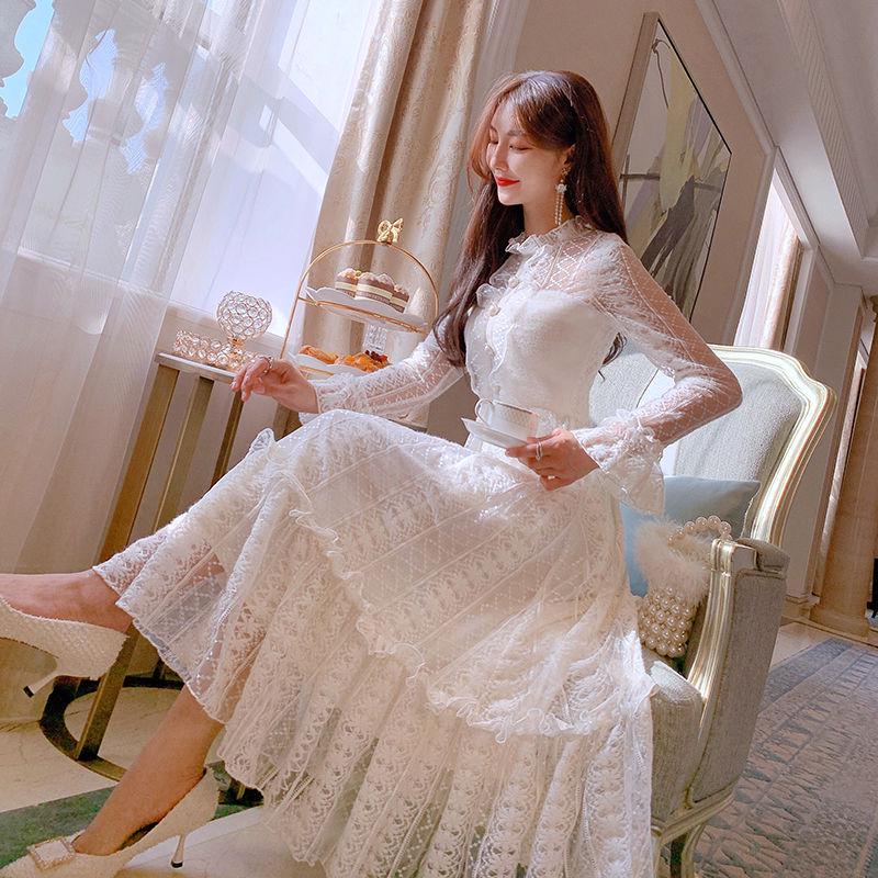 Dress women mid-length autumn and winter waist lace dress female plus size Slim clothing