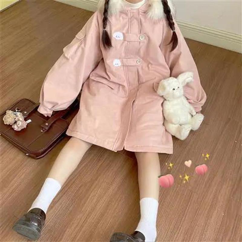 College Style Embroidered Cute Gray-blue Mid-length Cotton-padded Jacket Female Student