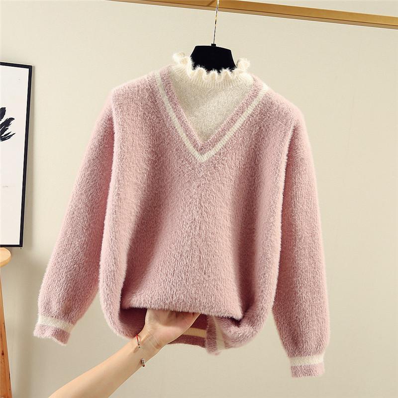 Winter Sweater for Women Sweet Casual Loose Pullover Sweater Imitation Mink Sweater Long Sleeve Fuzzy Sweater