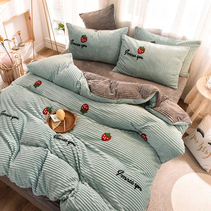 Bedding Four-piece Suit Cotton A / B Double-sided Pattern Sheets Are Sleeve Pillow Sets Thickened Warm Bed