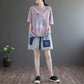 Cotton Retro Print Round Neck Short Sleeve T-Shirt Girls Summer Large Size Loose Casual Top
