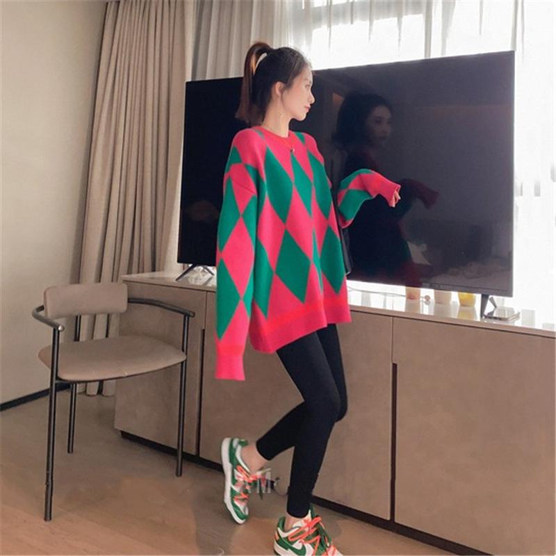 Women Retro Loose Sweater Color Block Diamond Check Pullover Sweater Round Neck Knit Jumpers Top Outwear