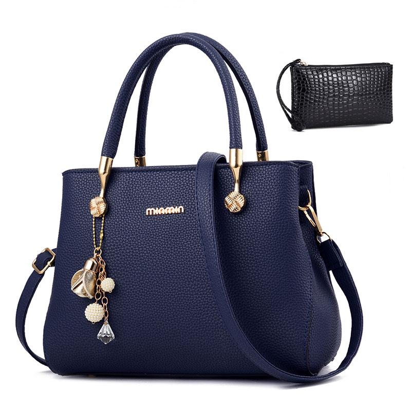 Women's top-handle bag  leather handbag zipper shoulder bags With metal pendants and free wallet