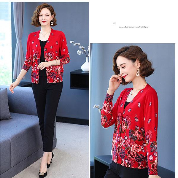 Vintage Print Knit Sweater V-neck Cardigan Sweater Ladies Loose Plus Size Wool Knit Sweater Coat Top